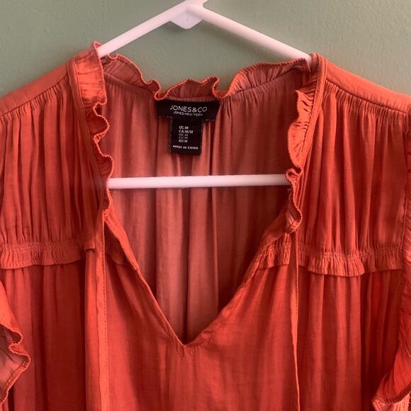 Flutter Sleeve Tie Front Rust Orange Blouse Medium Sleeveless Flowy Ruffled Top - Picture 3 of 11